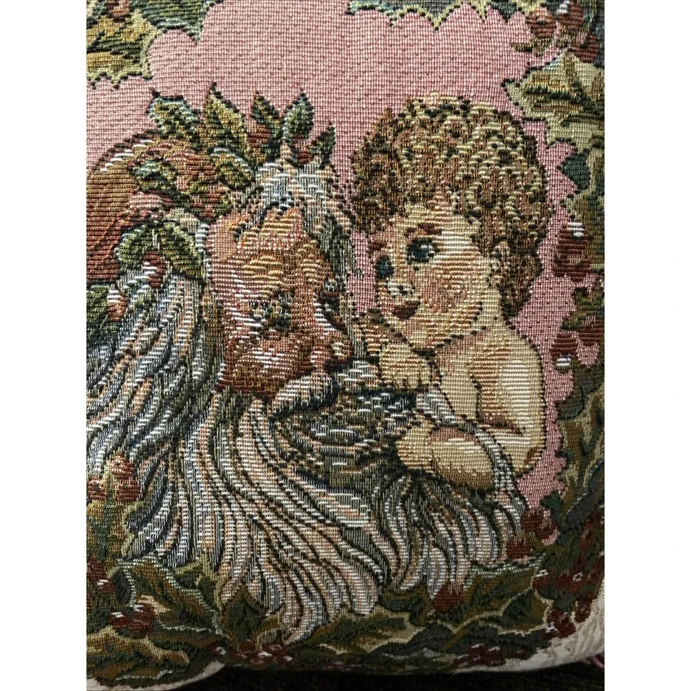 Riverdale Tapestry Throw Pillow Vtg USA Old fashioned Santa with Baby Kid Wreath